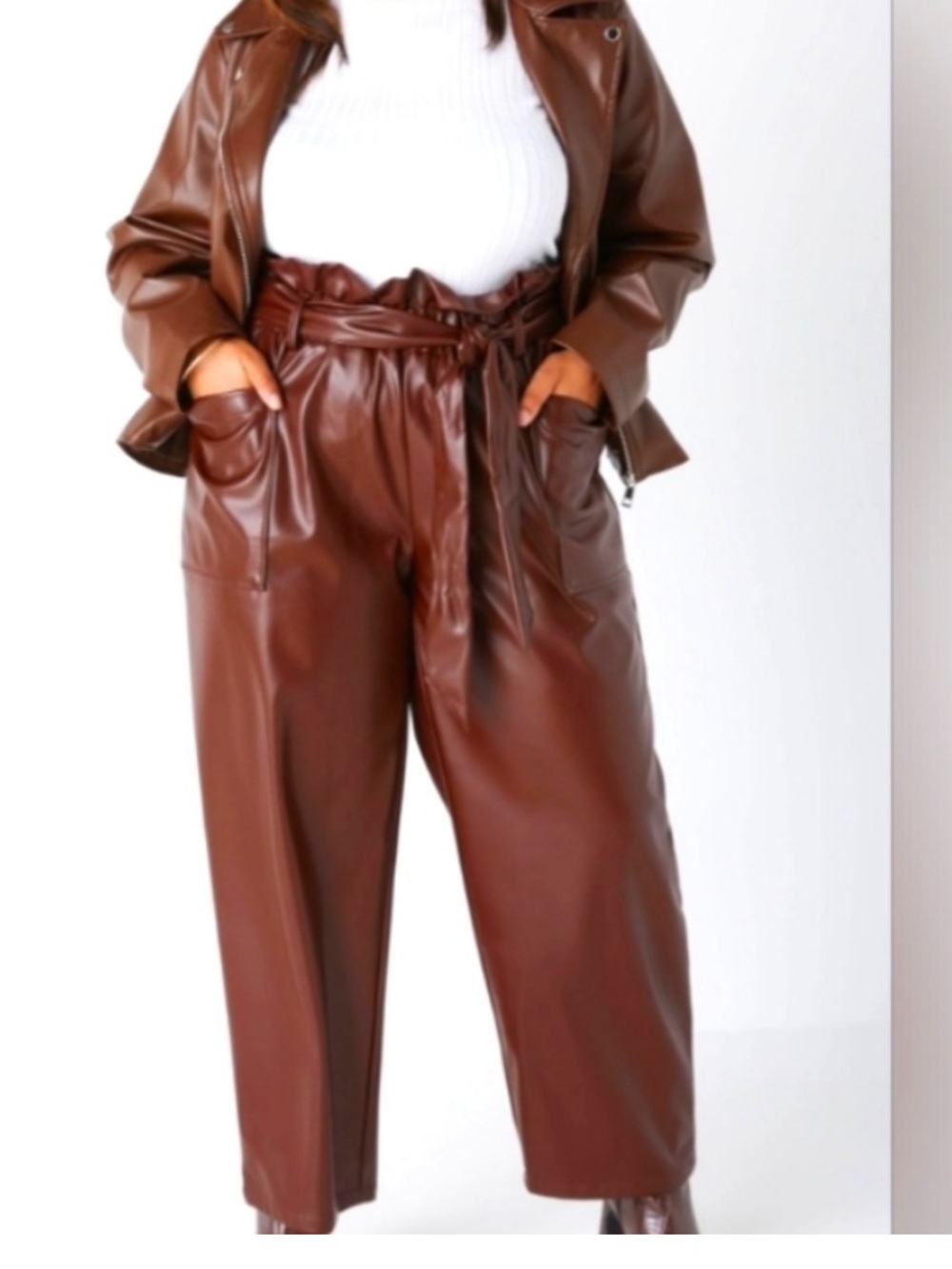 Ashley Stewart Brown Faux Leather Paperbag Wide Leg Pants